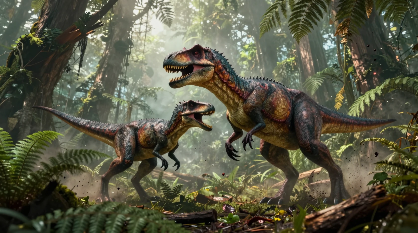 Cinematic Dinosaurs Fighting In A Misty Prehistoric Jungle