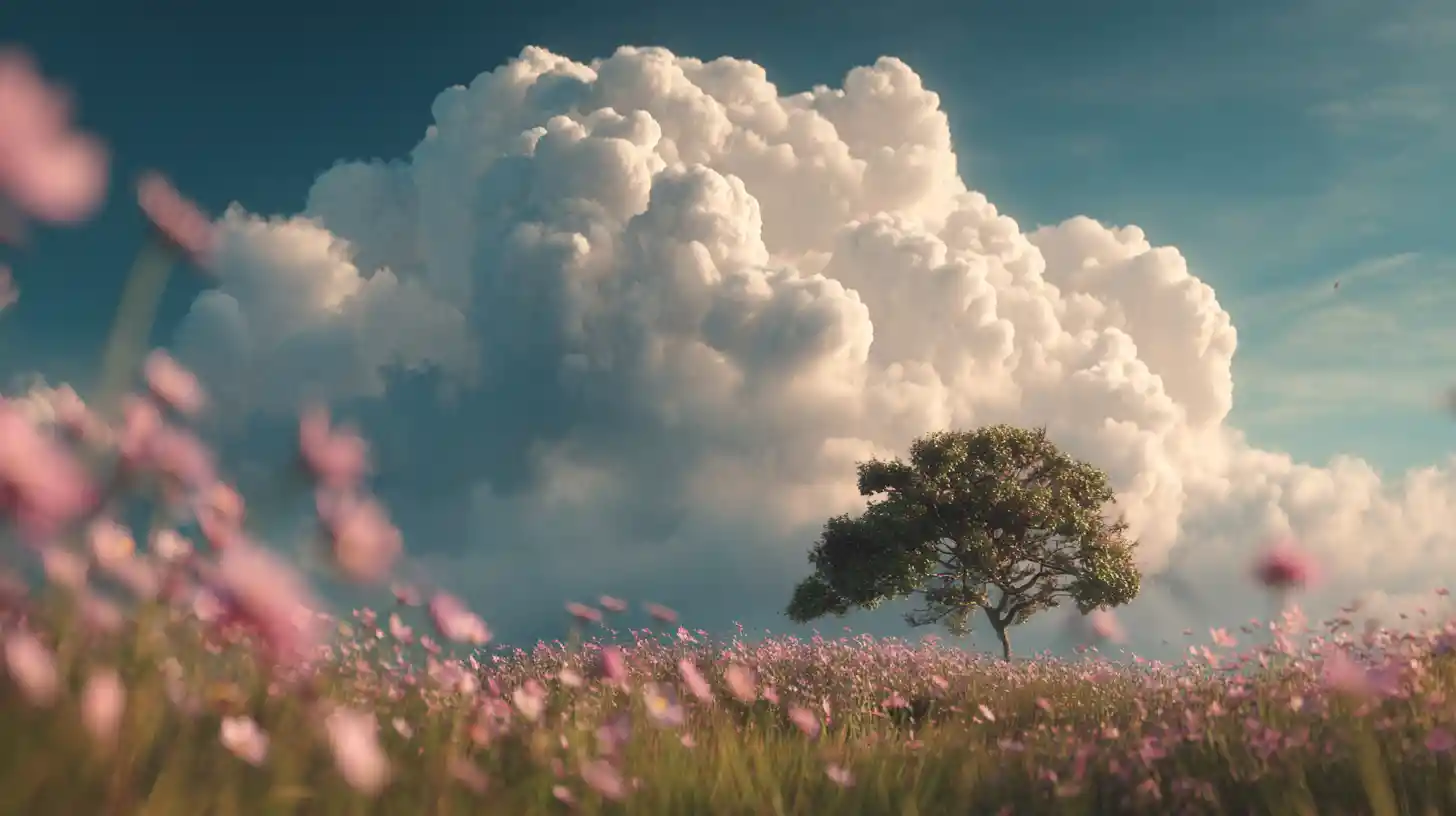 Lone Tree In Pink Flower Meadow Under Towering Cloud Sky