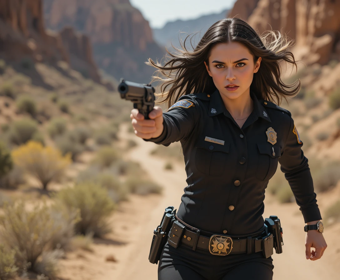 Angry deputy woman sprinting with revolver in canyon