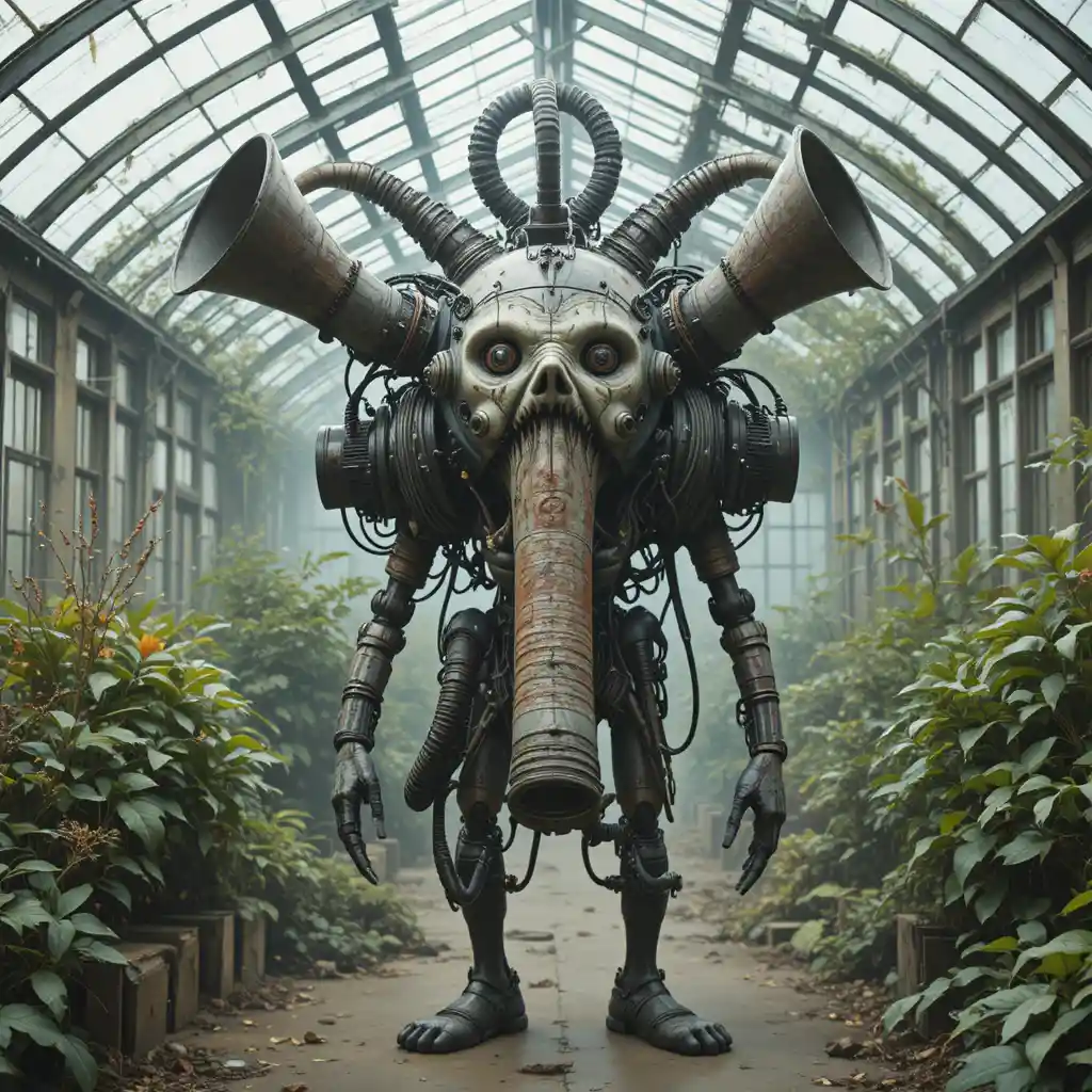 Surreal foghorn machine creature staring inside abandoned greenhouse