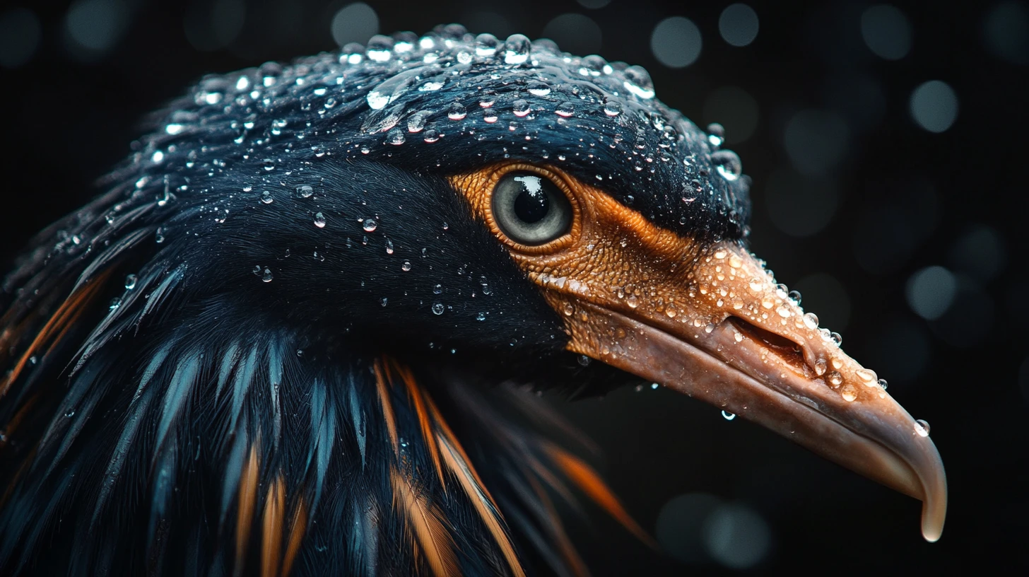 Macro bird portrait with rain droplets on feathers