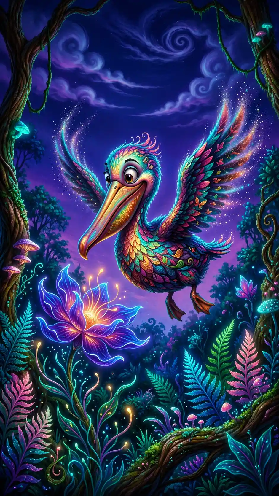 Colorful pelican hovering over glowing alien flower at dusk