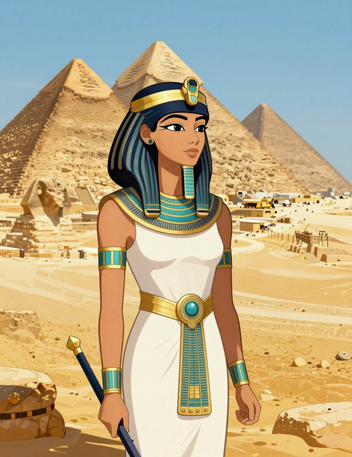 Ancient Egyptian princess standing before distant desert pyramids