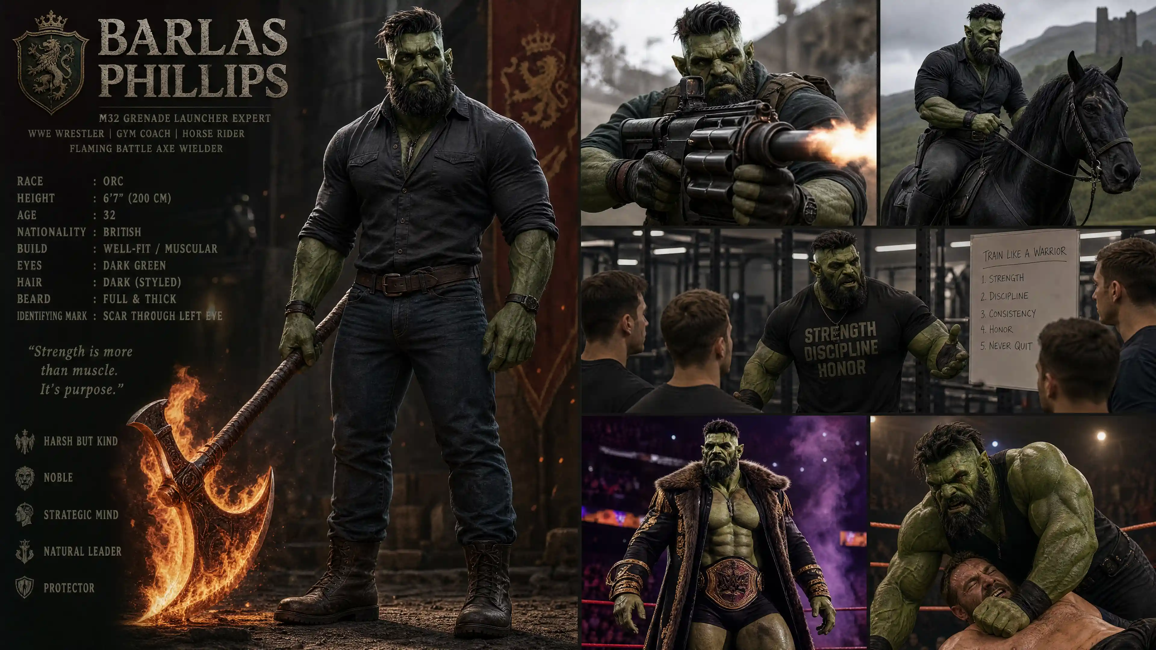 Tall green orc warrior with beard in modern casual clothes