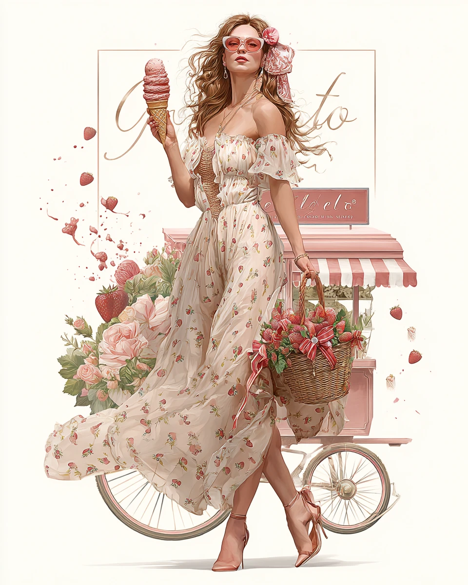 Strawberry dress girl with gelato and fruit basket