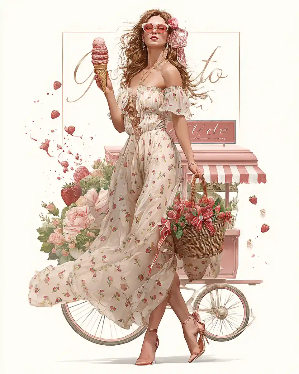 Strawberry dress girl with gelato and fruit basket