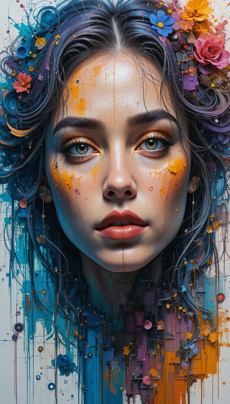Portrait vibrant en techniques mixtes aux détails expressifs et raffinés