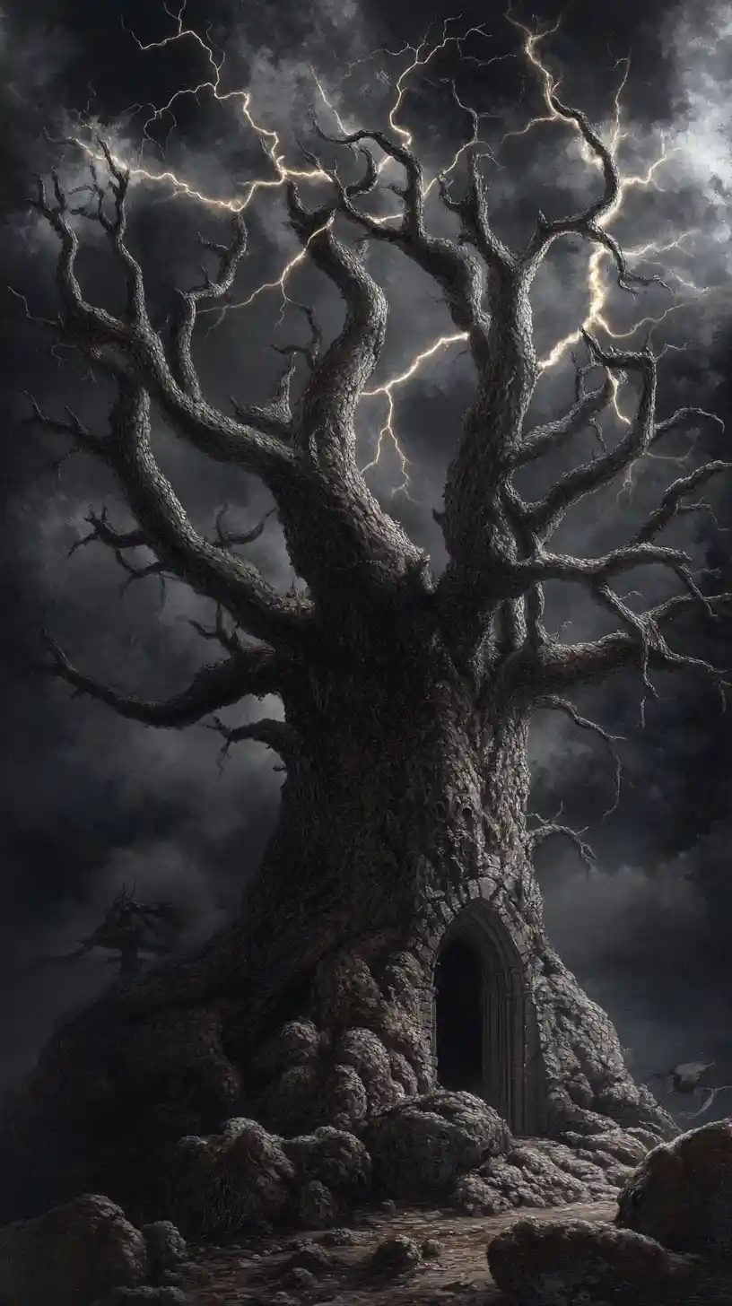 Massive oak transforming into a majestic antlered stag