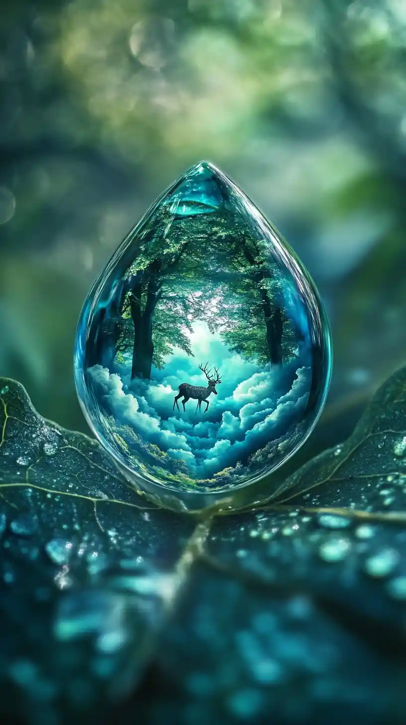 Macro water droplet on a leaf holding a tiny forest