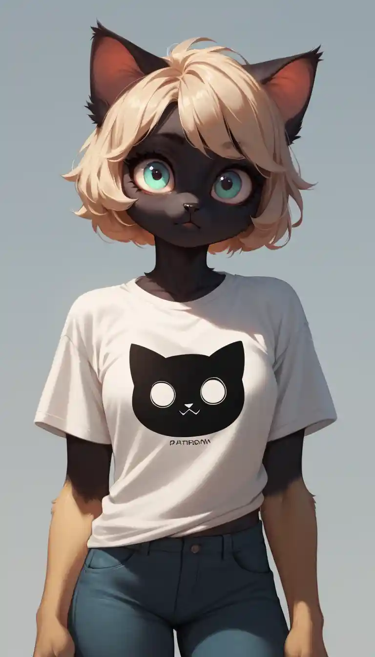 Anthropomorphic black cat in casual t shirt and pants
