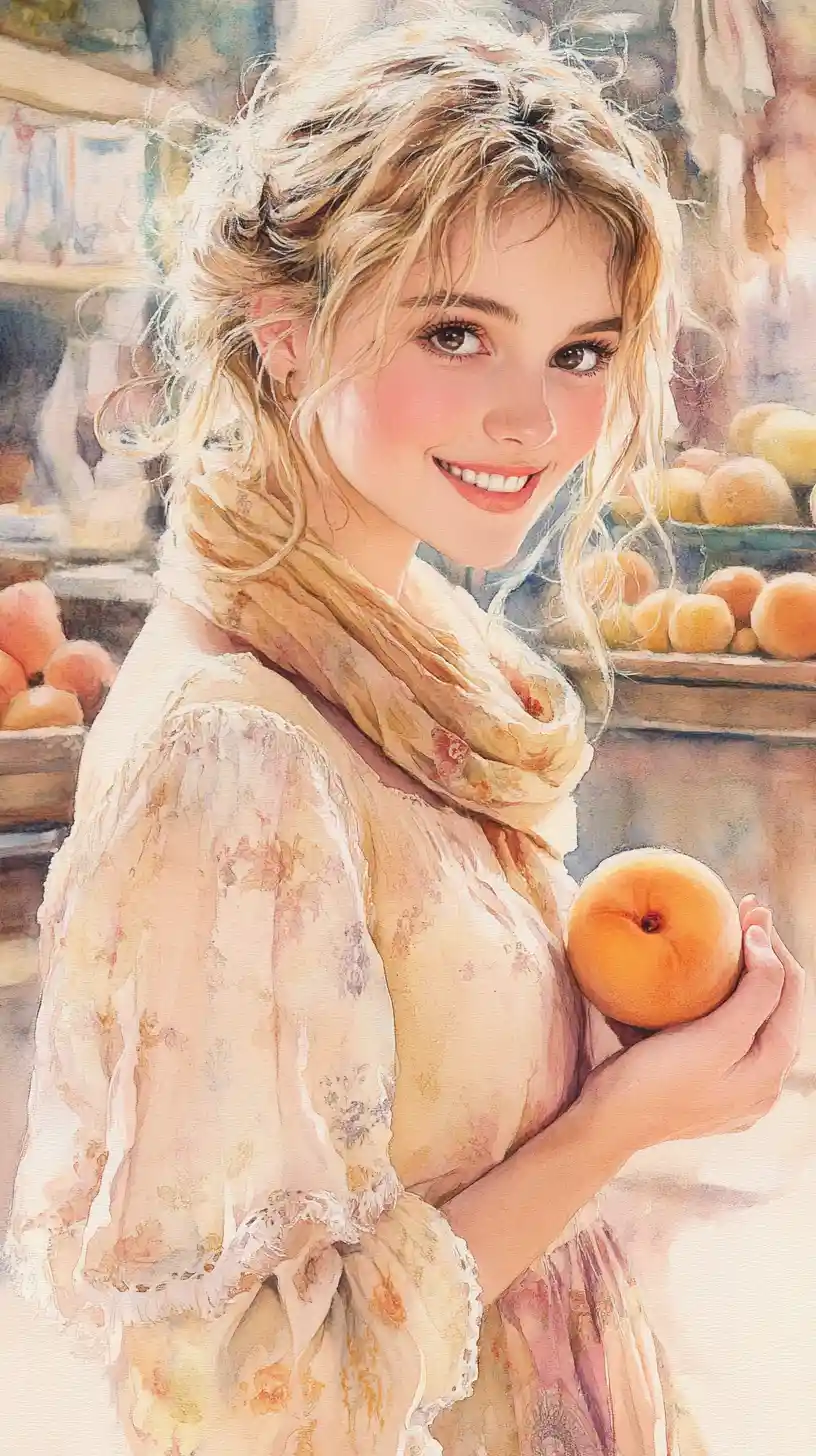 Smiling blonde girl holding apricot in watercolor shop scene