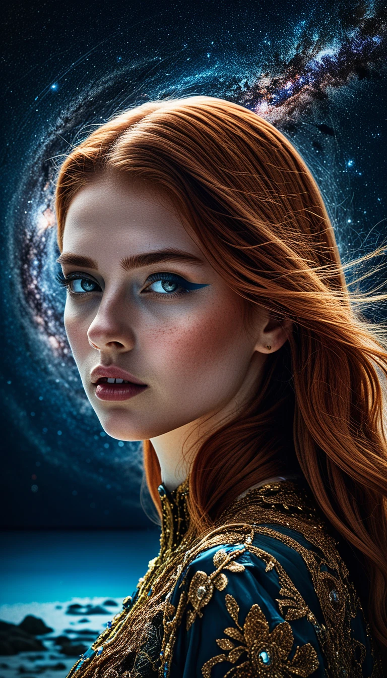 Red haired woman in modern clothes under a cosmic sky