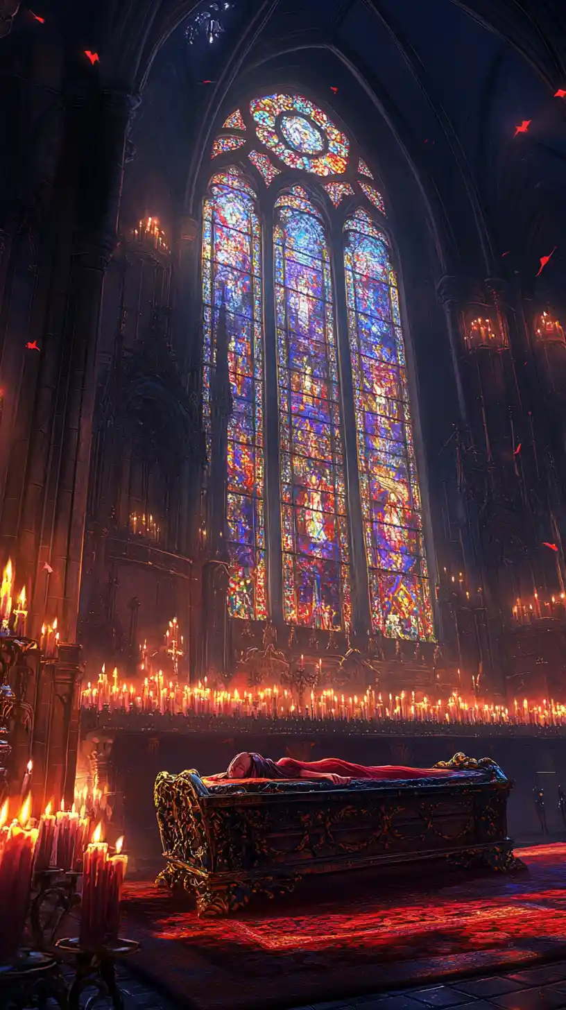 Anime girl sleeping in chained coffin in gothic cathedral