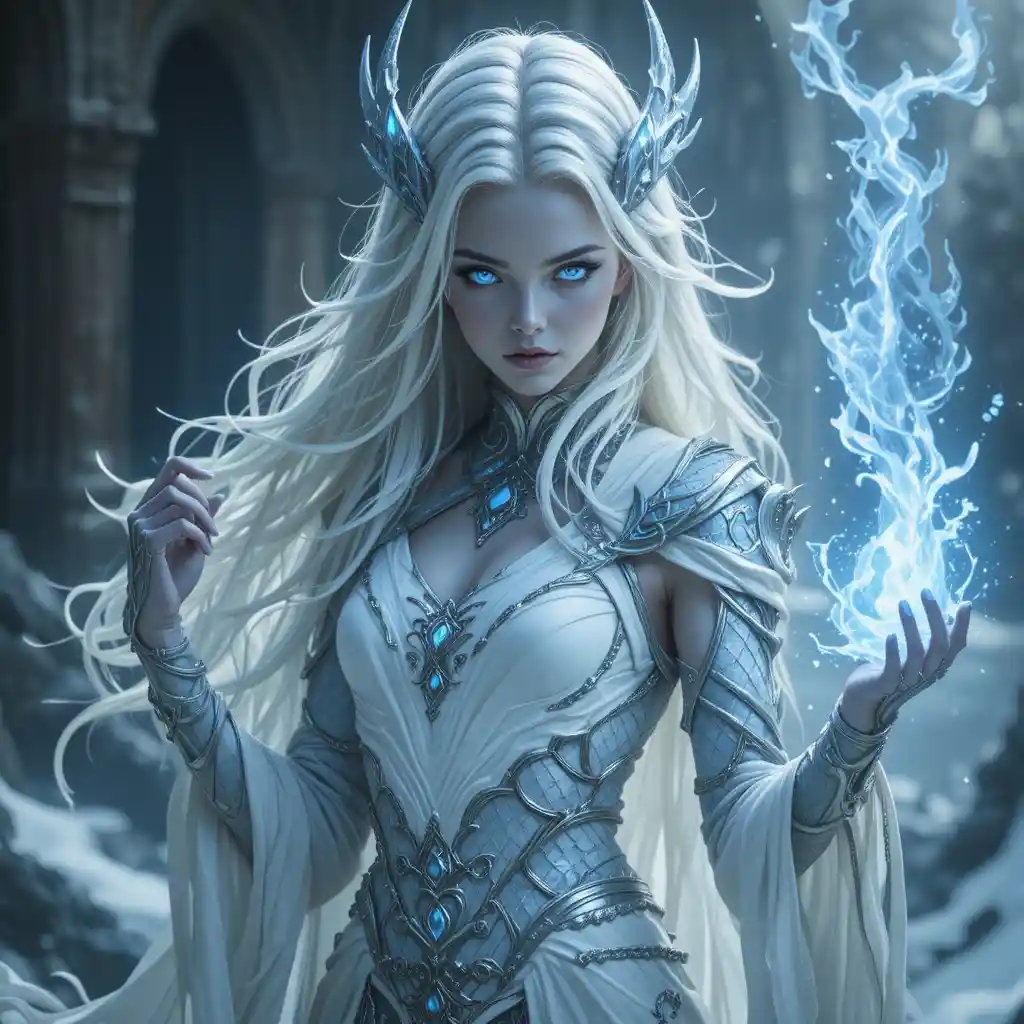 Silver scaled dragonborn sorceress in flowing white robes