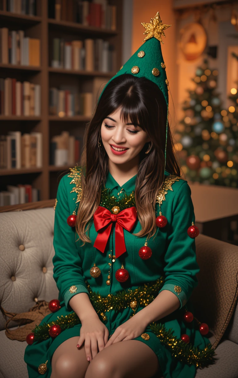 Smiling girl in Christmas tree costume on a couch