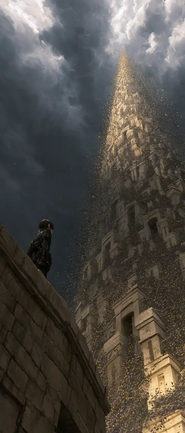 Anime figure on ledge before colossal storm tower