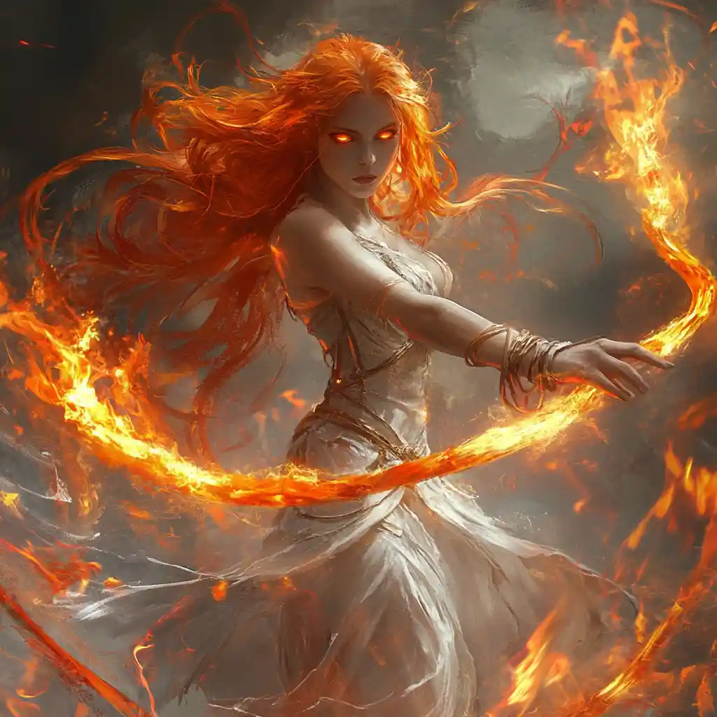 Fiery haired fantasy dancer wielding a blazing whip