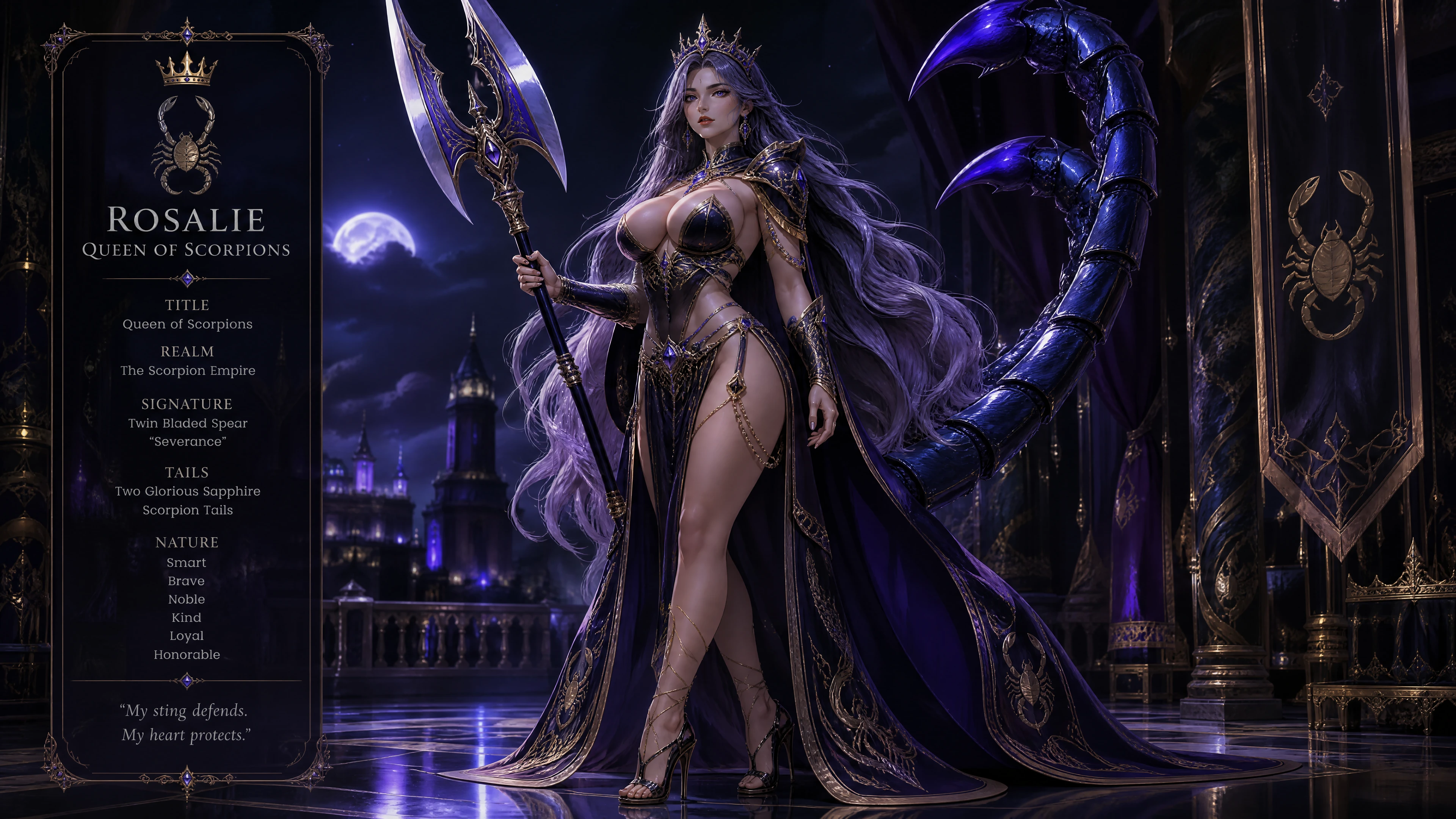 Regal scorpion queen with twin sapphire tails and spear