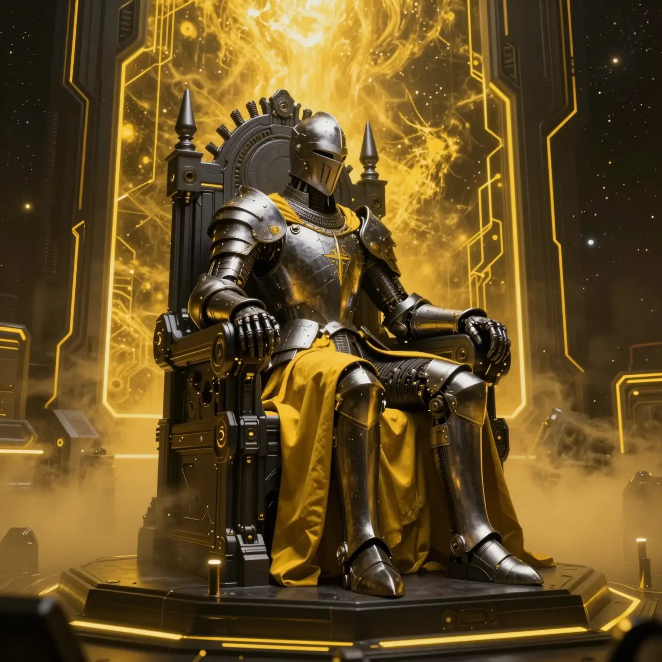 Cybernetic knight on obsidian throne in neon throne room