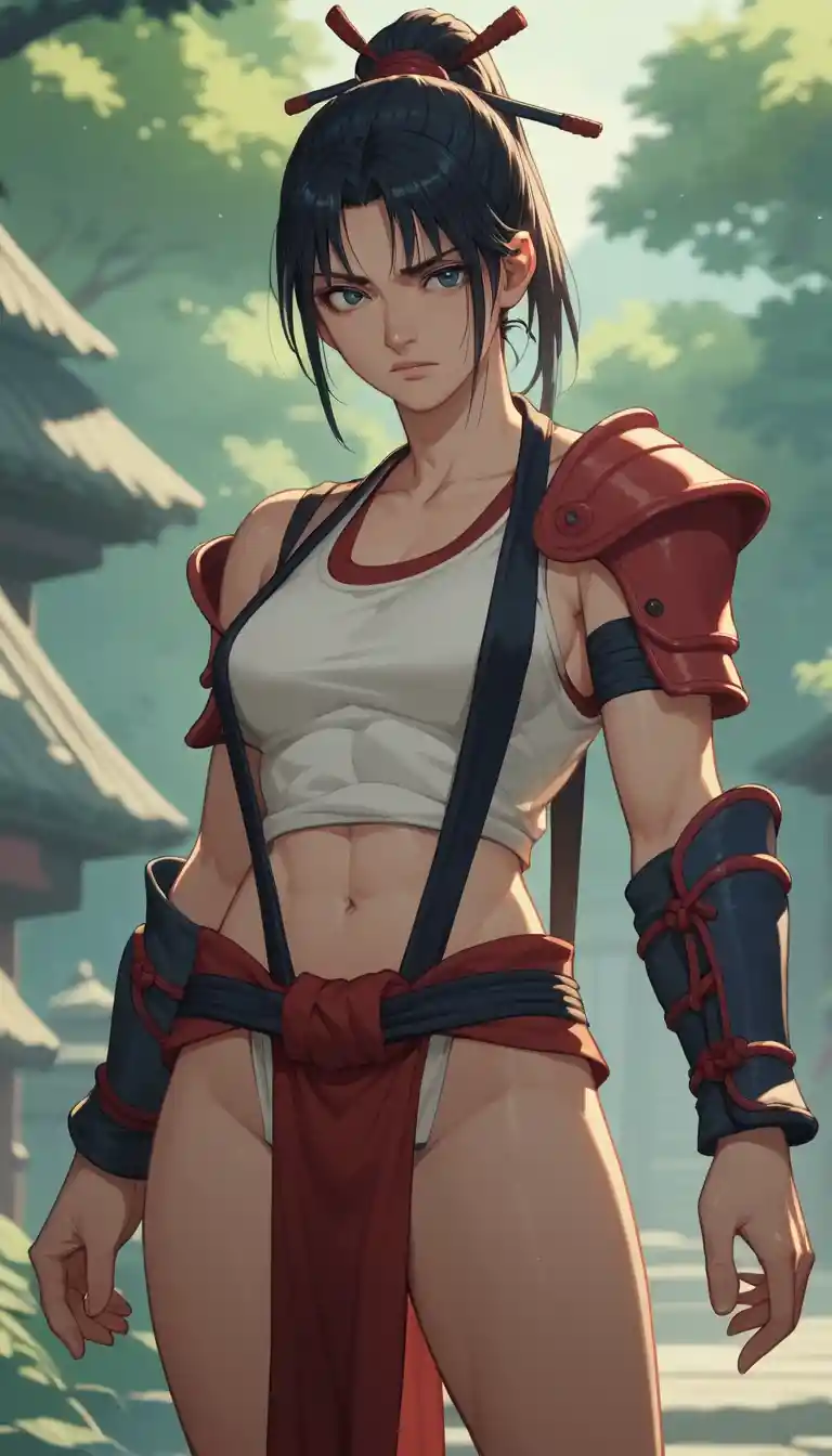 Dark anime warrior woman in sling armor and loincloth