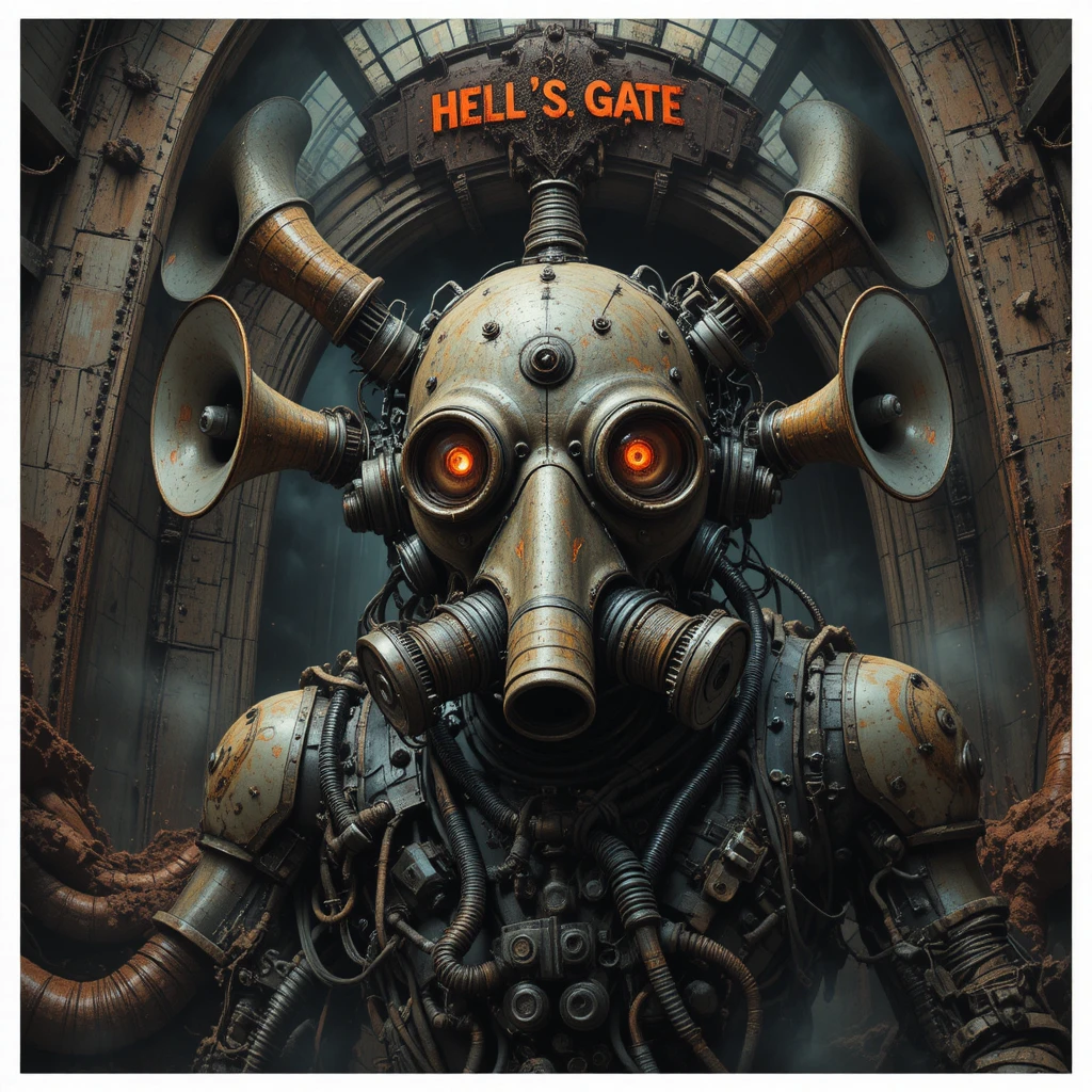 Surreal machine creature staring toward a fiery hellish gate