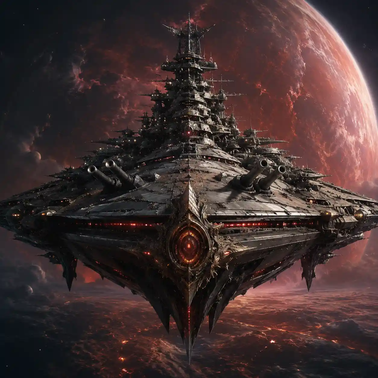 Alien warship style spaceship above a distant planet