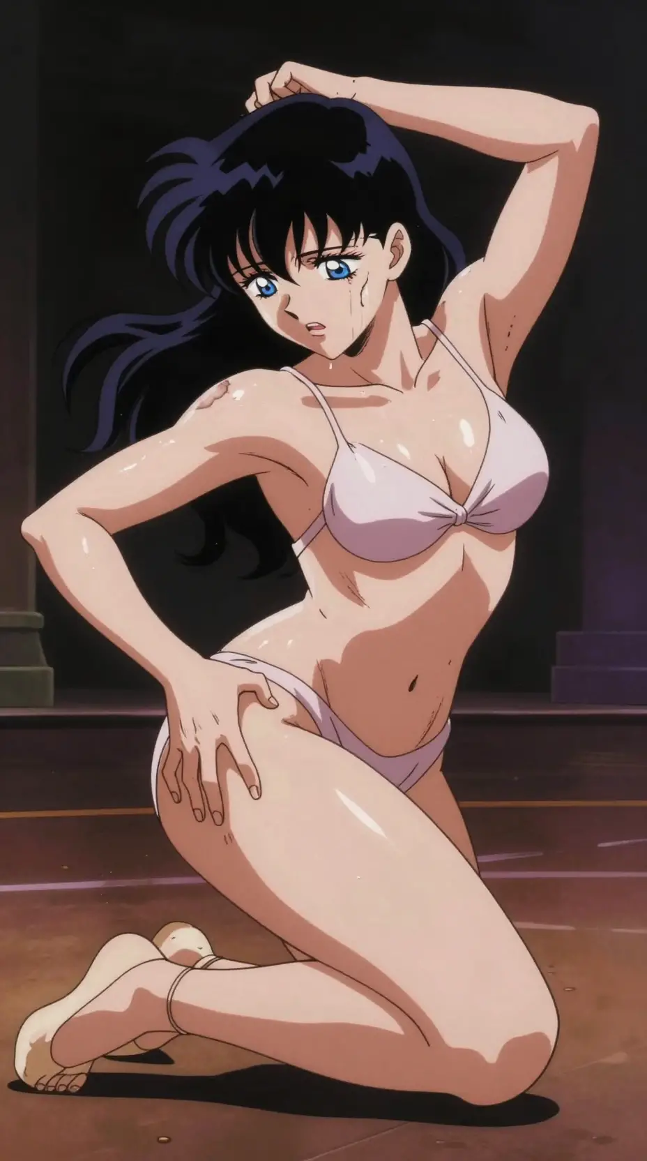 Anime princess dancing in turmoil on dimly lit stage
