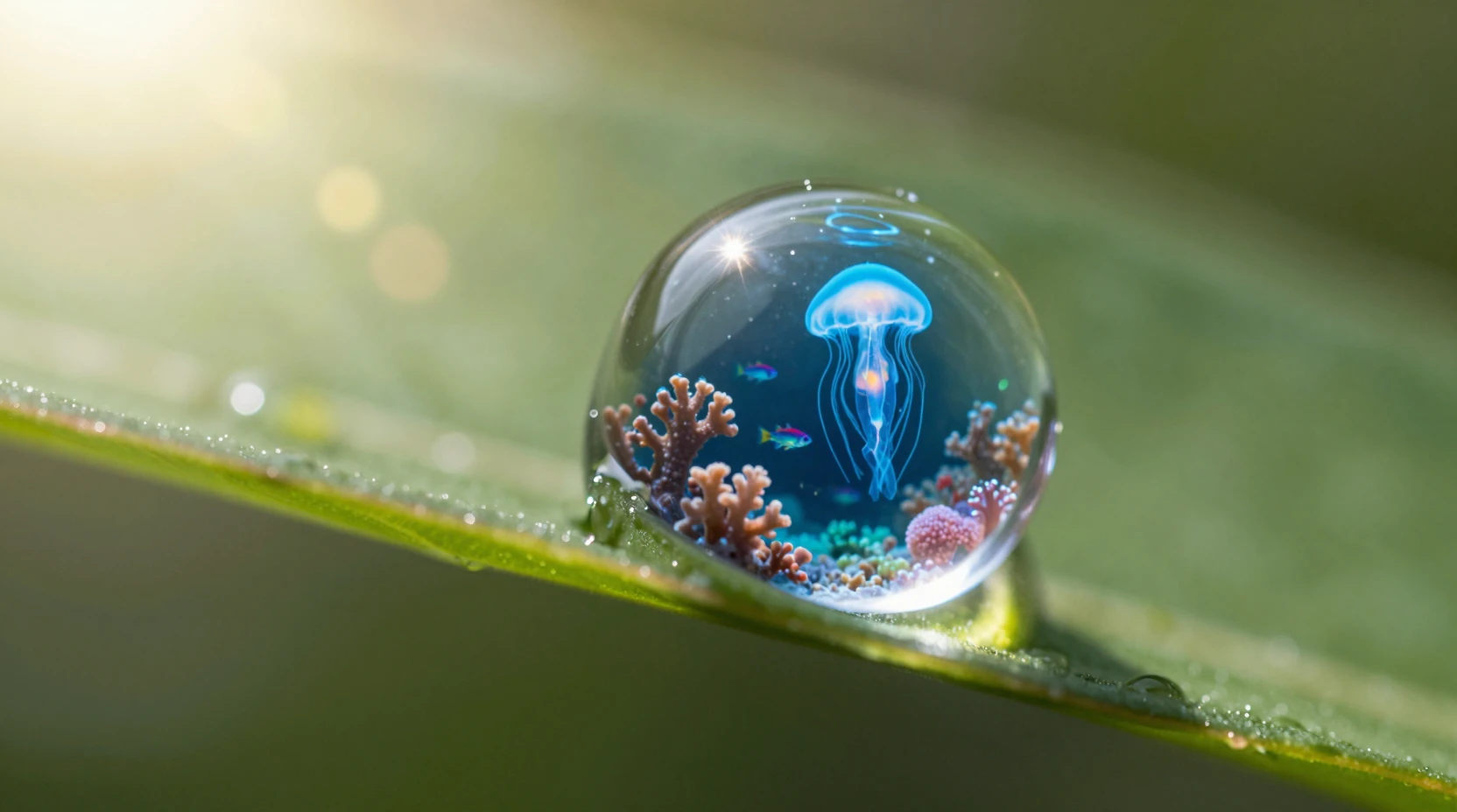 Single dewdrop on leaf holding a tiny glowing ocean
