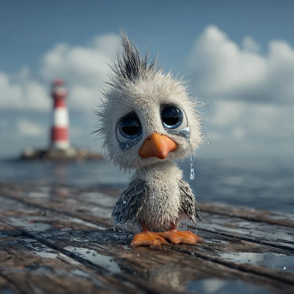 Sad baby seagull on a wet pier by the sea