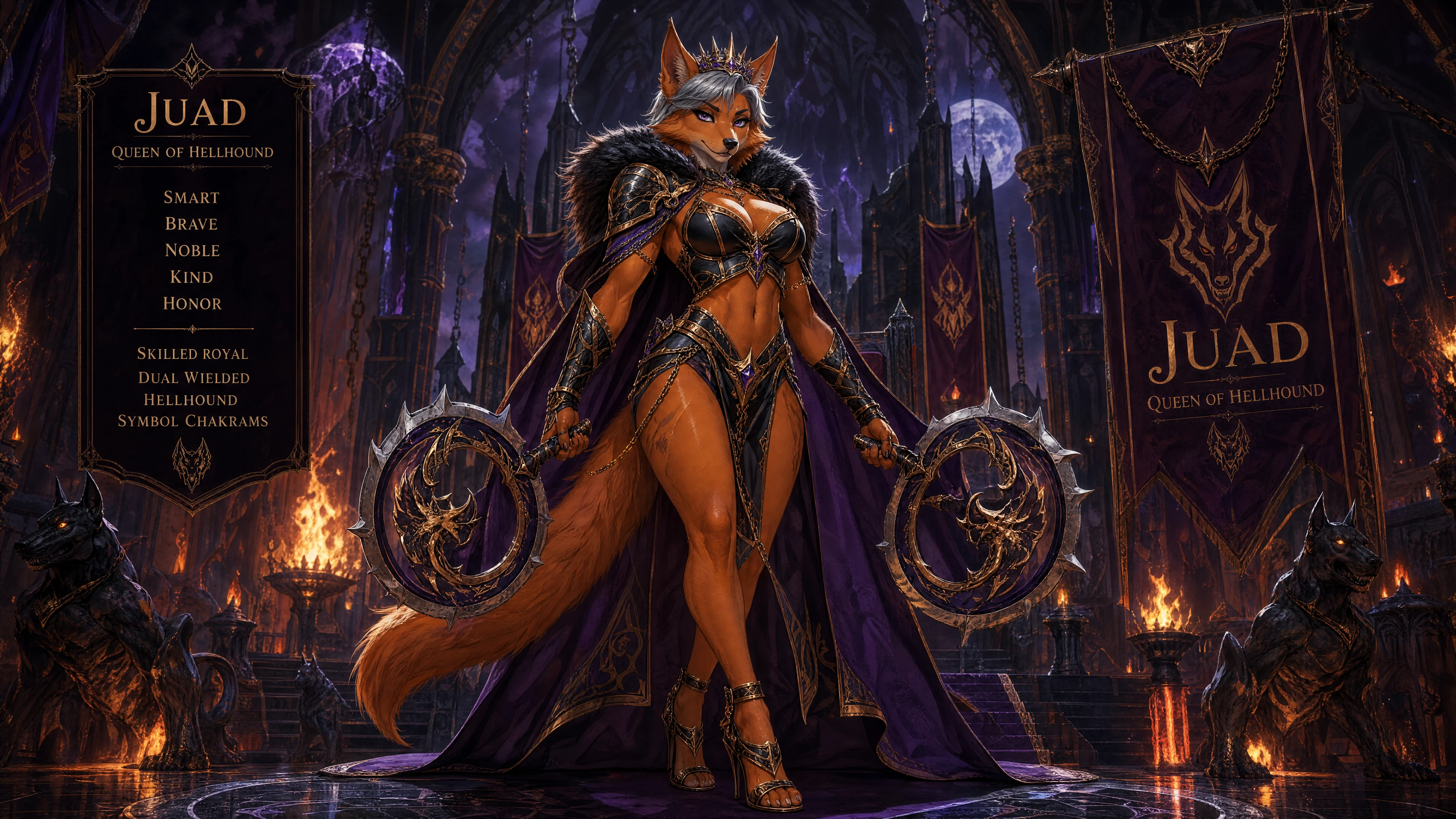 Reina sabueso infernal regia con majestuosas vestiduras reales