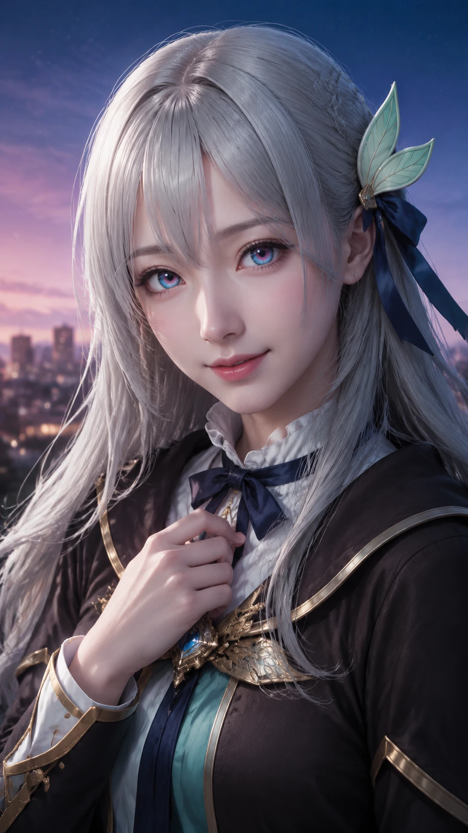 Young woman with gray hair and heterochromatic eyes