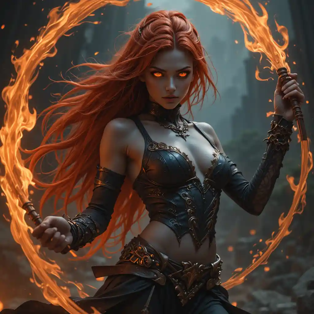 Fiery haired fantasy dancer wielding a blazing flame whip