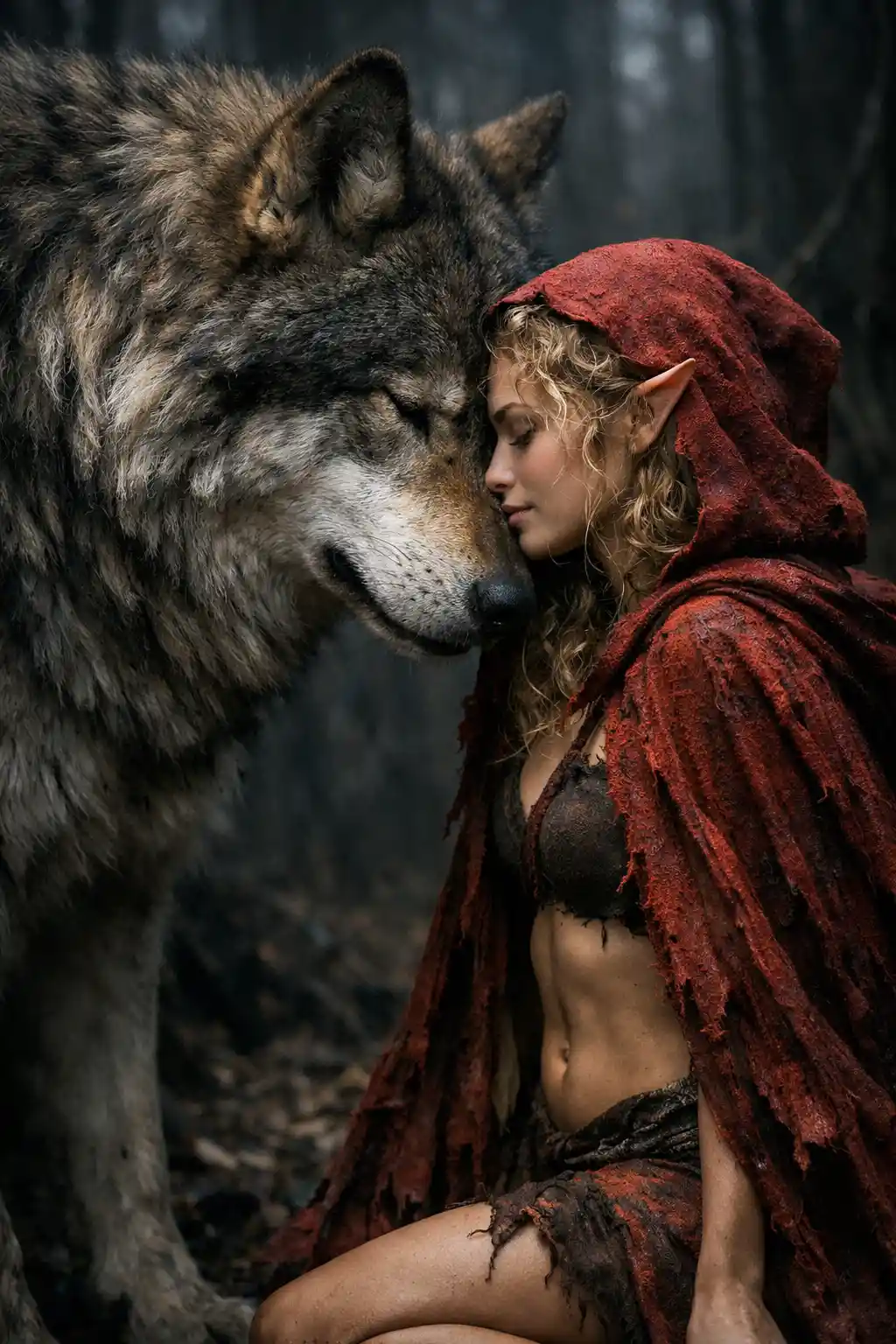 Elf princess touching foreheads with a giant wolf