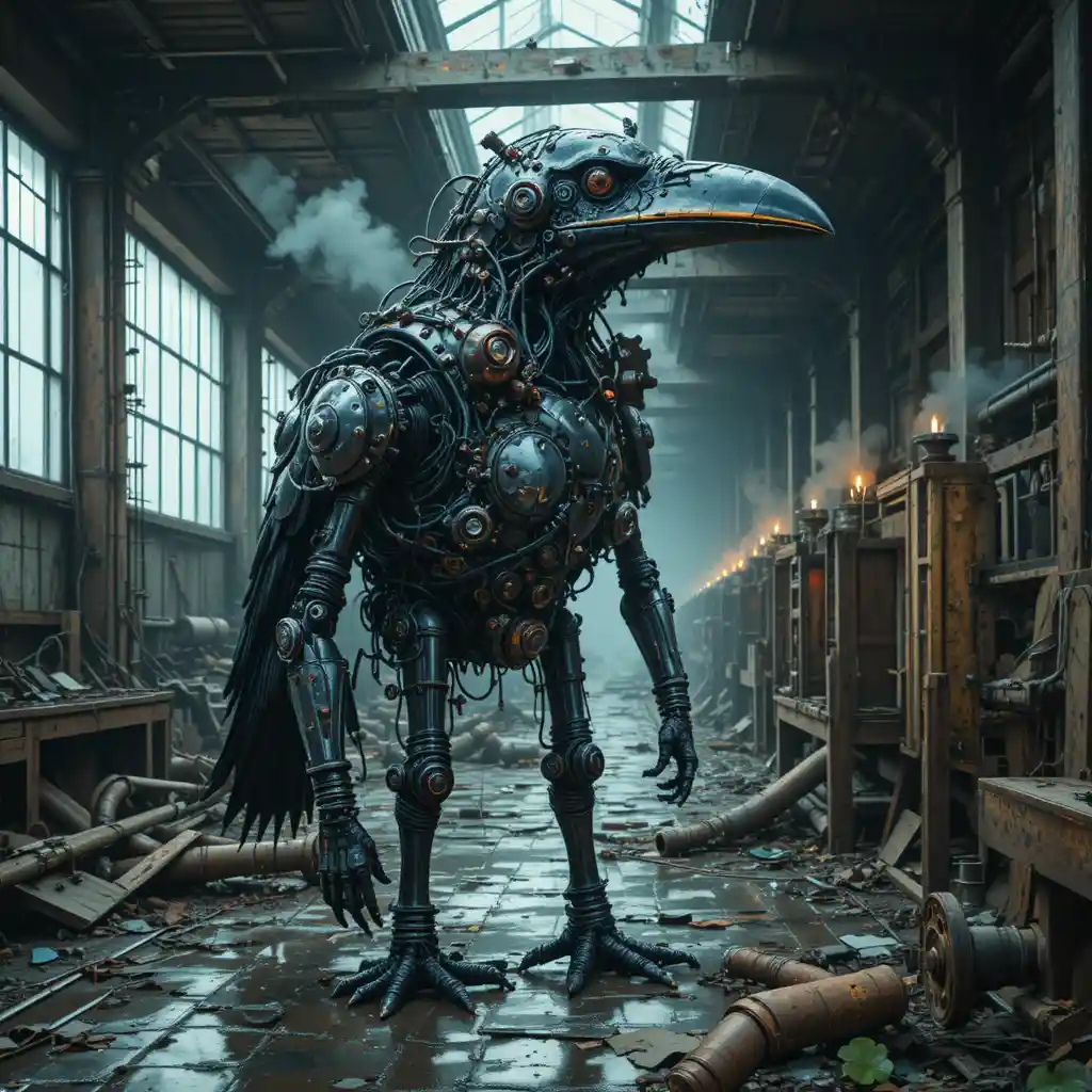 Surreal mechanical crow headed creature at empty industrial wharf