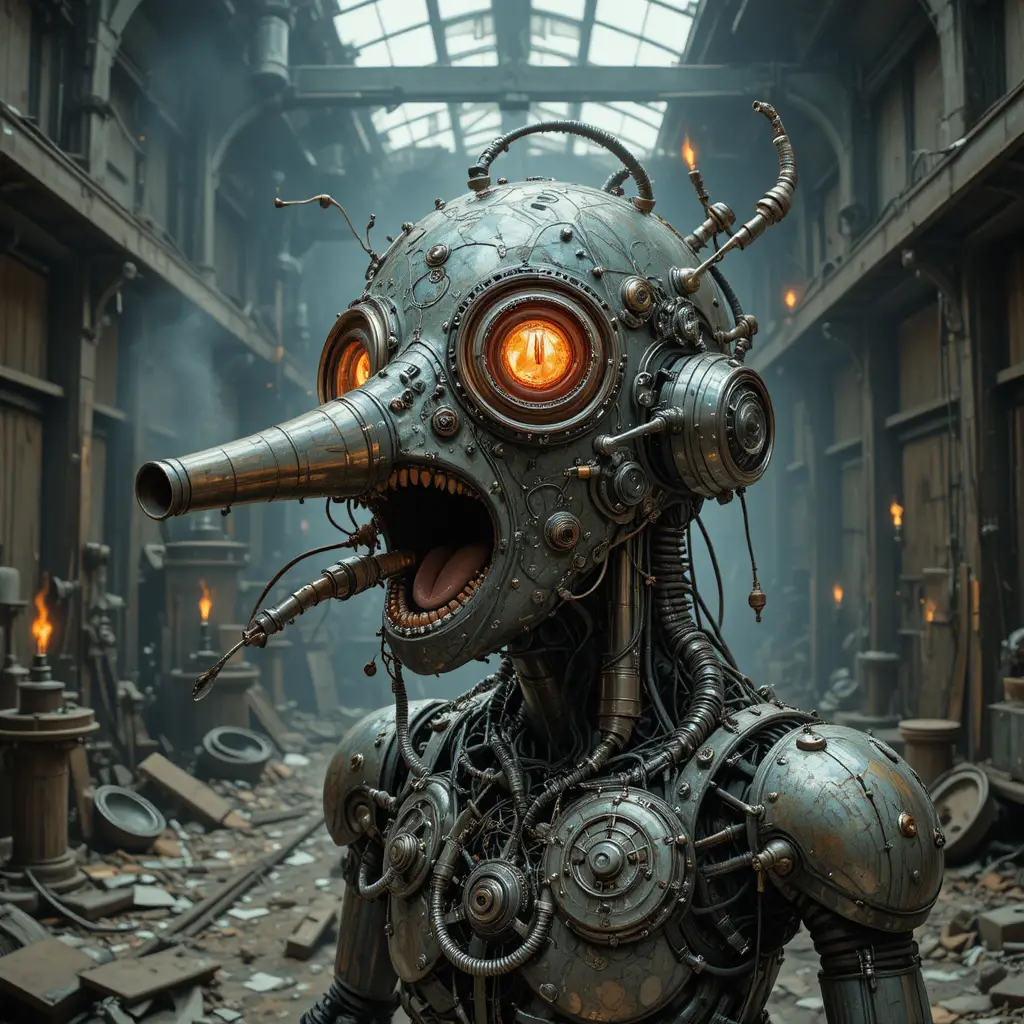 Surreal mechanical crow headed creature in robot factory