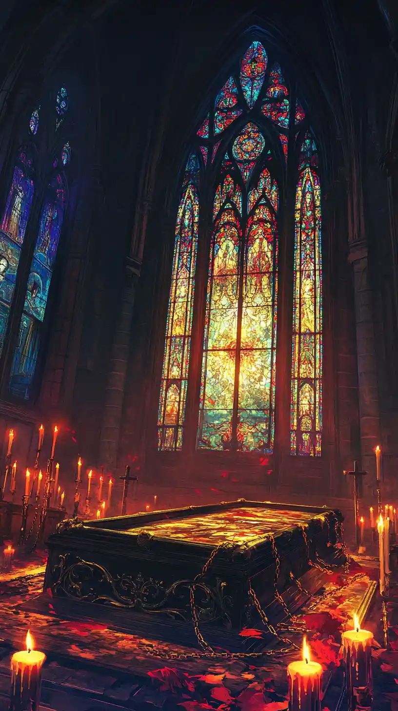 Gothic cathedral scene with chained coffin and sleeping girl
