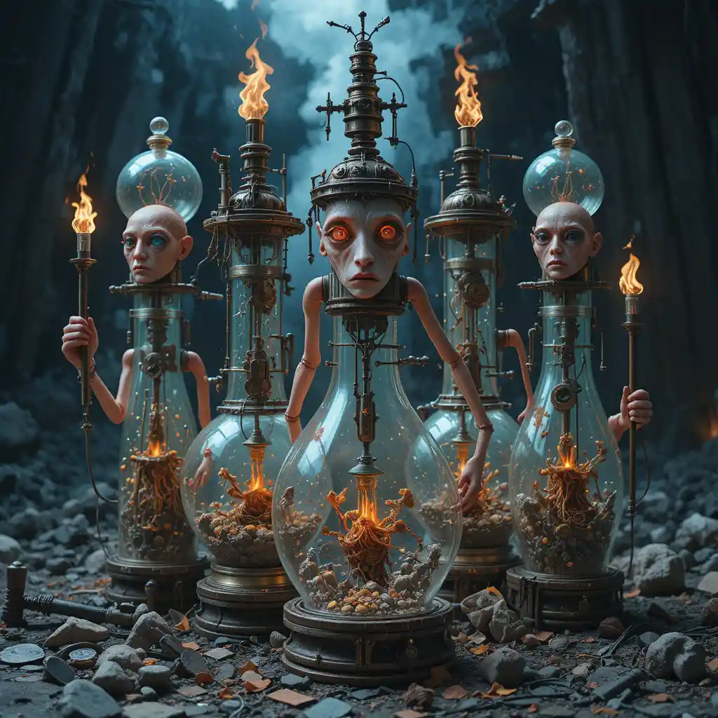 Surreal steampunk flask creatures in a mechanical dreamscape