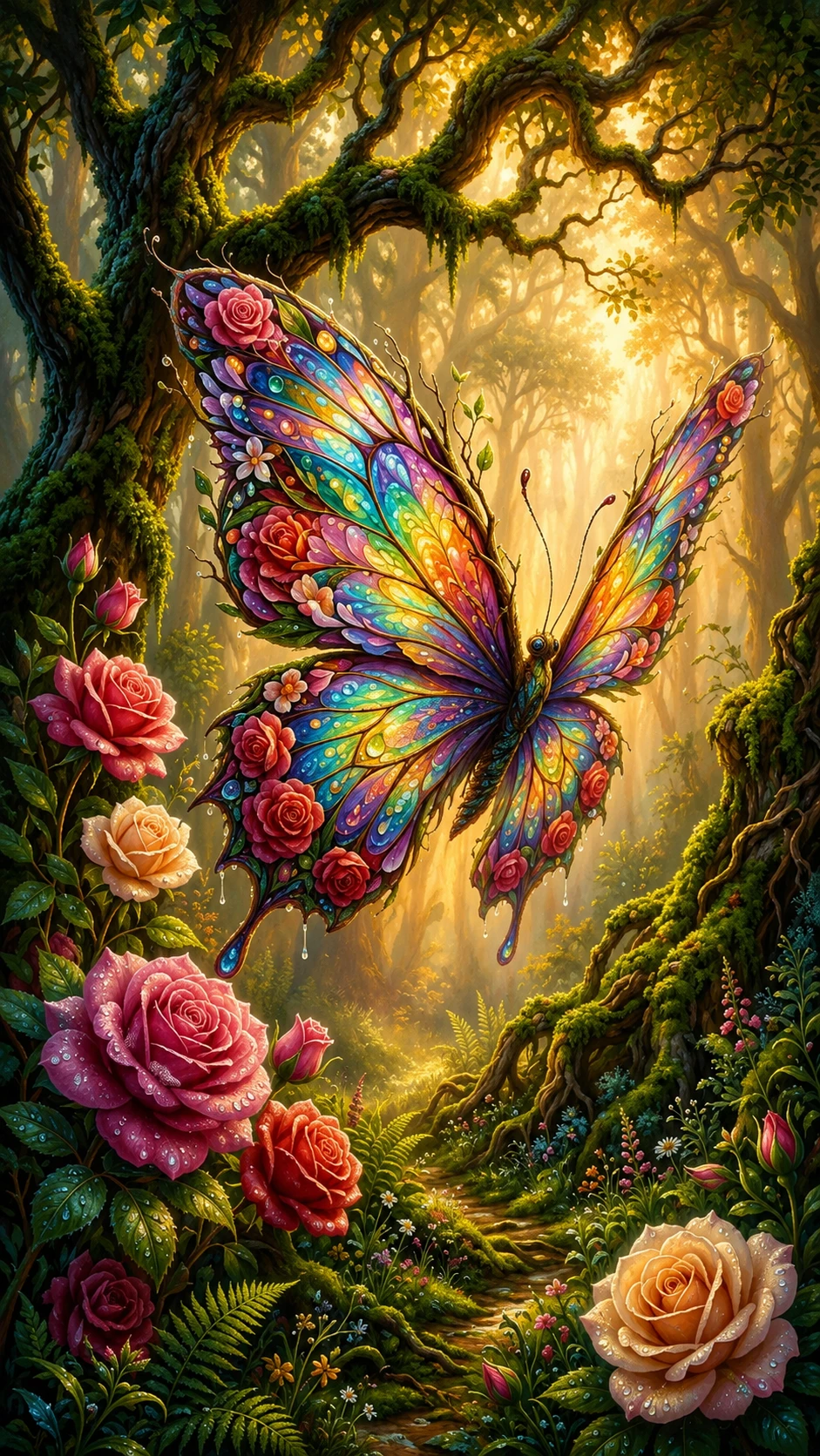 Majestic rainbow butterflies in a dreamy forest scene