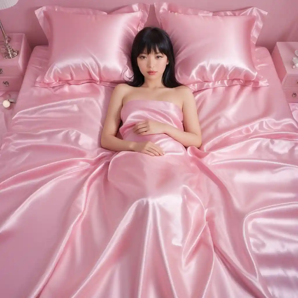 Japanese woman lying on pink satin bed in full view