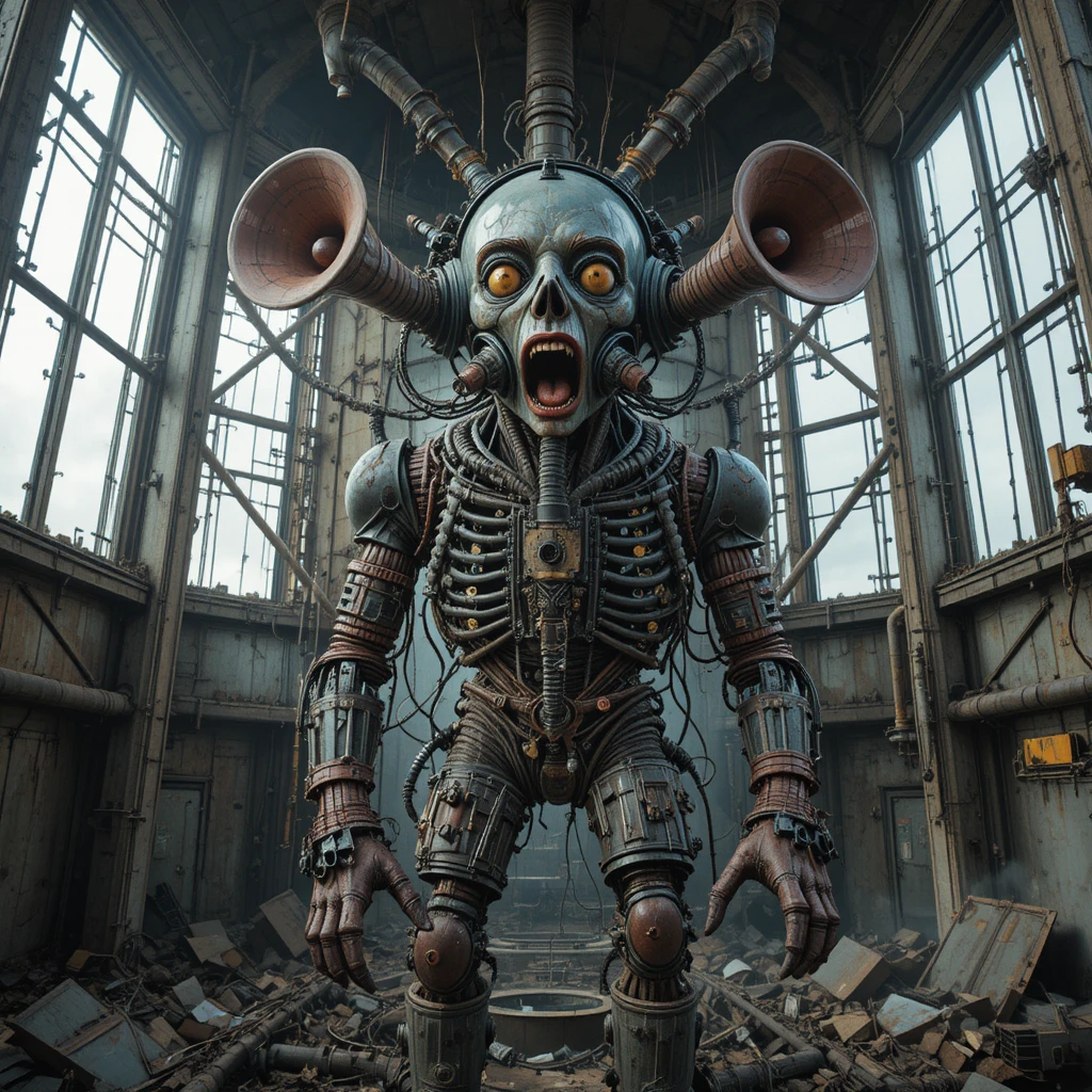 Surreal terror machine creature in abandoned water tower