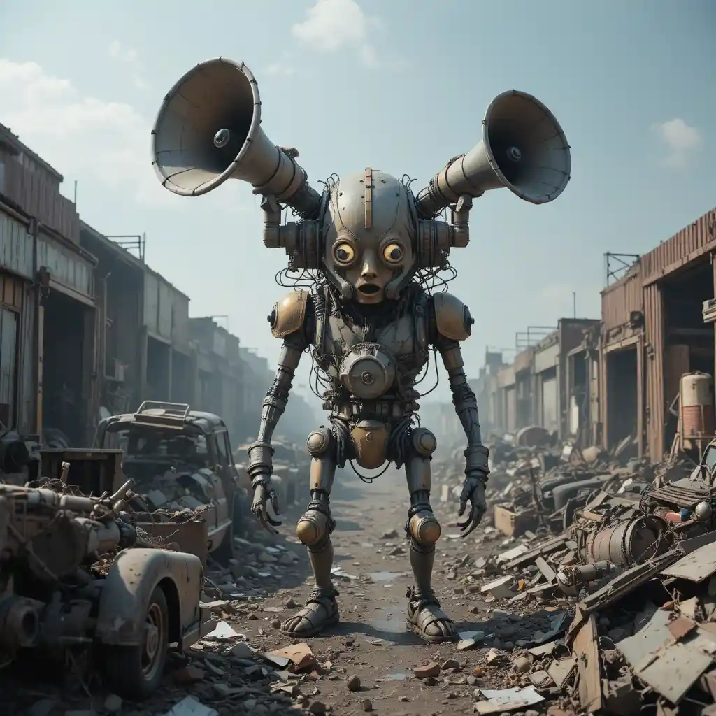 Surreal mechanical lifeform gawking in an abandoned scrapyard