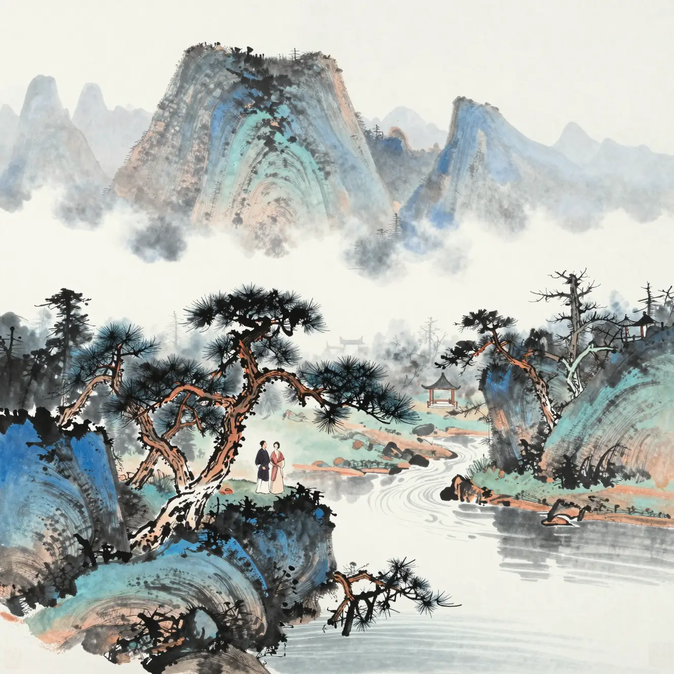 霧氣山景中松樹下相遇的情侶