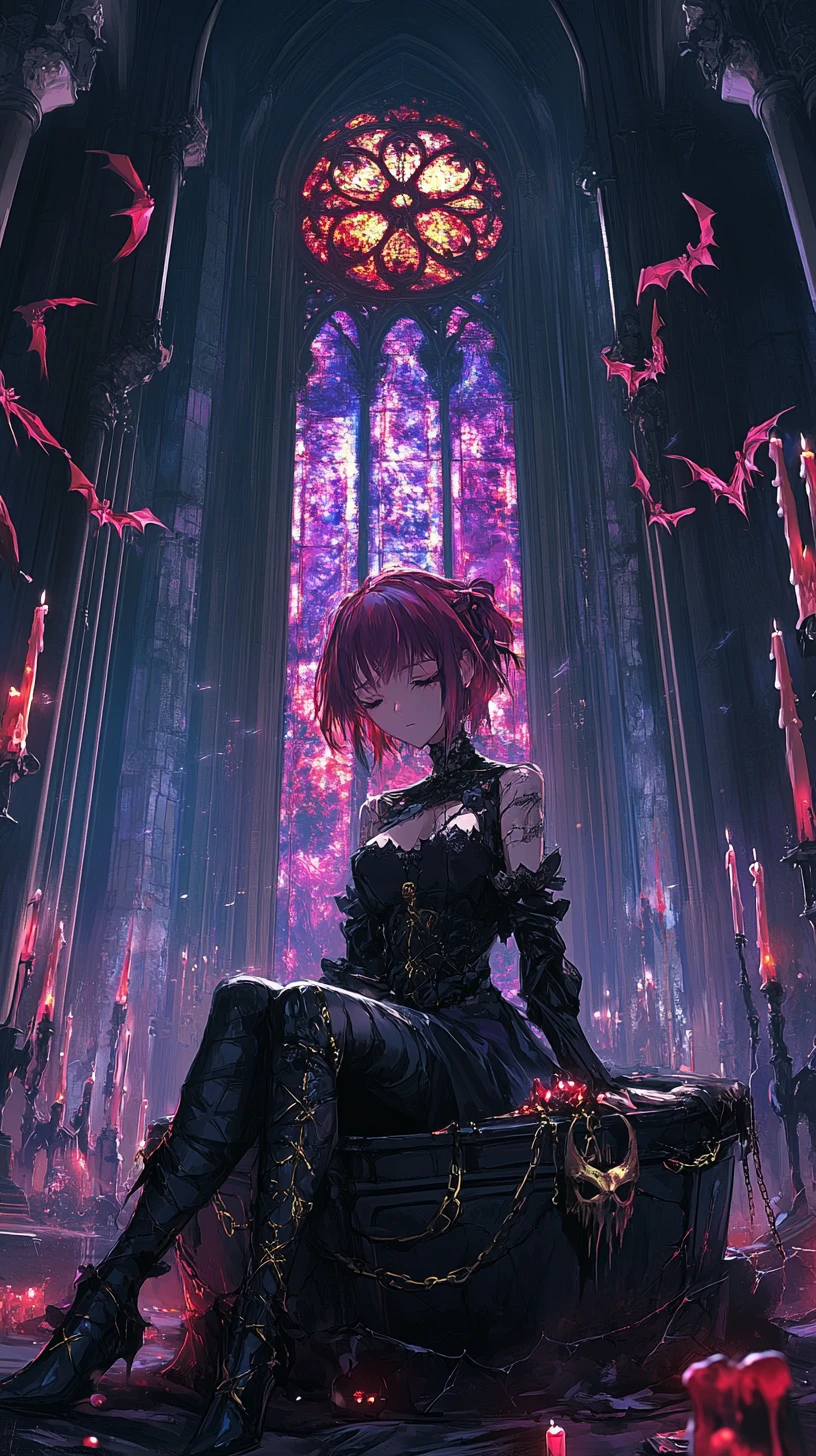 Anime girl sleeping in chained coffin in gothic cathedral