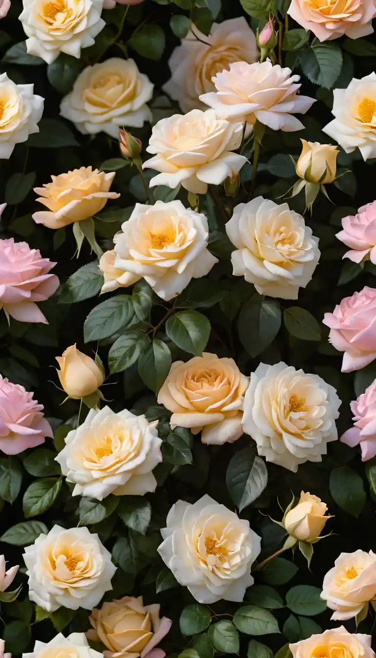 Sunlit rose garden with multicolored clustered blooms