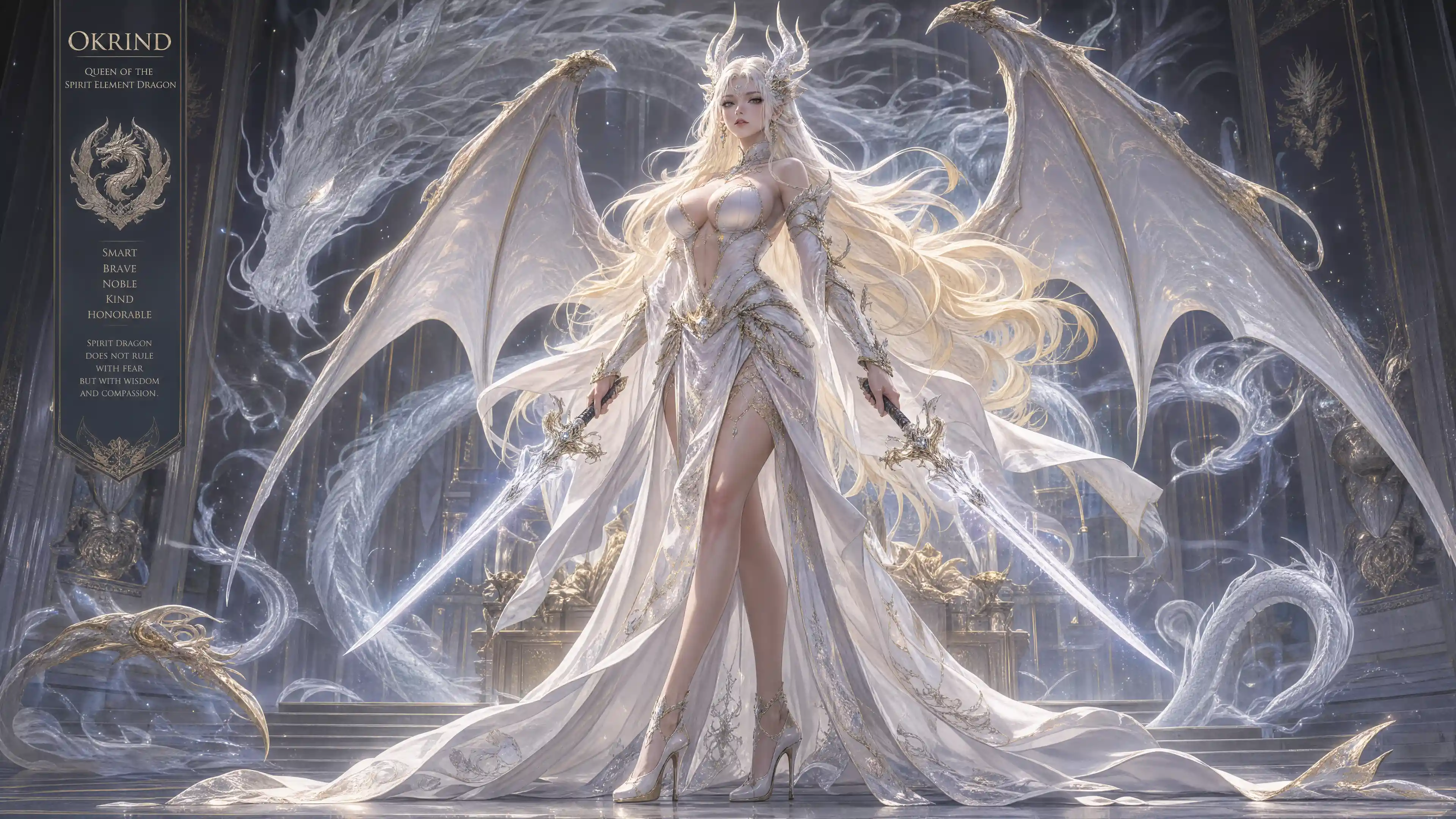 Regal spirit dragon queen with luminous white hair