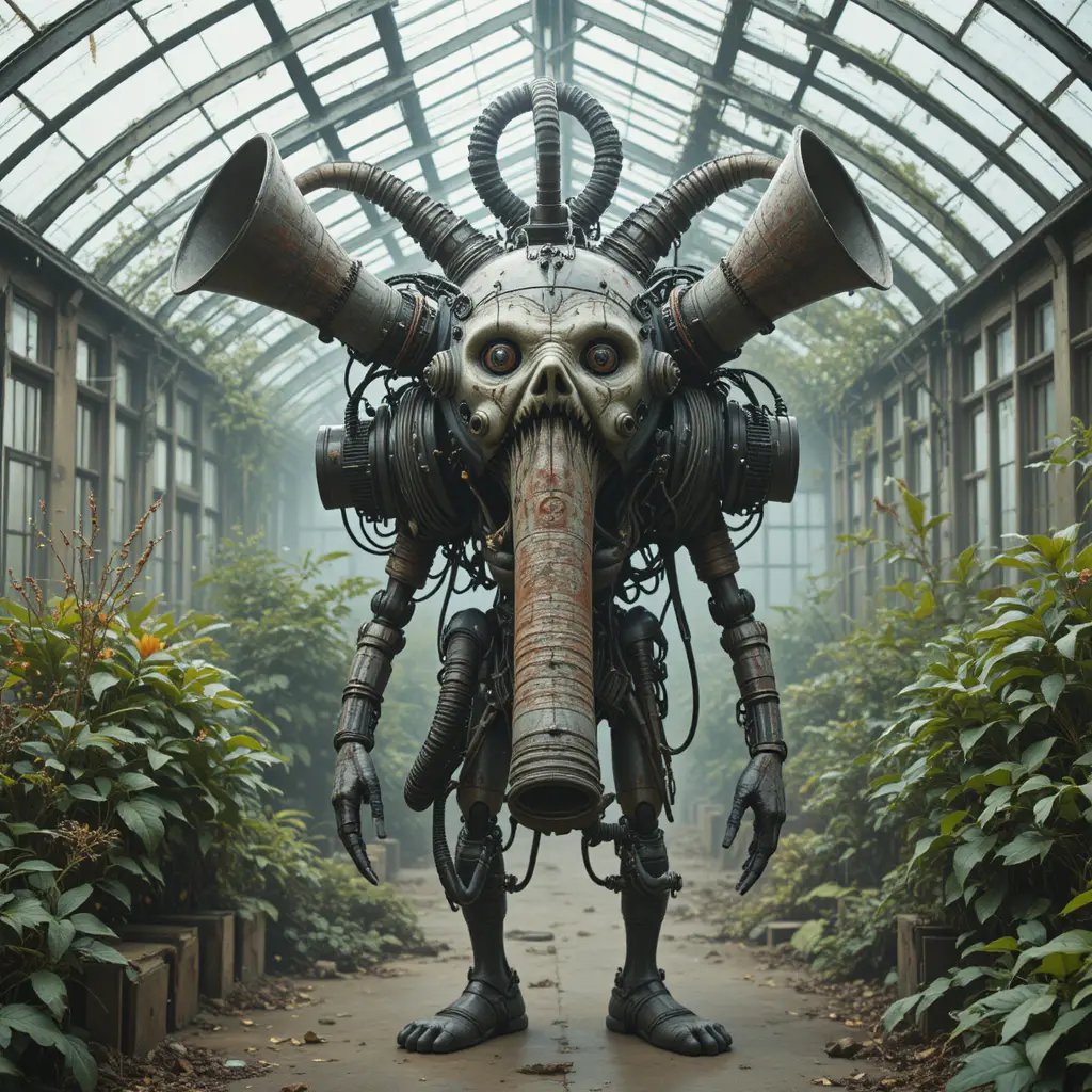 Surreal foghorn machine creature staring inside abandoned greenhouse