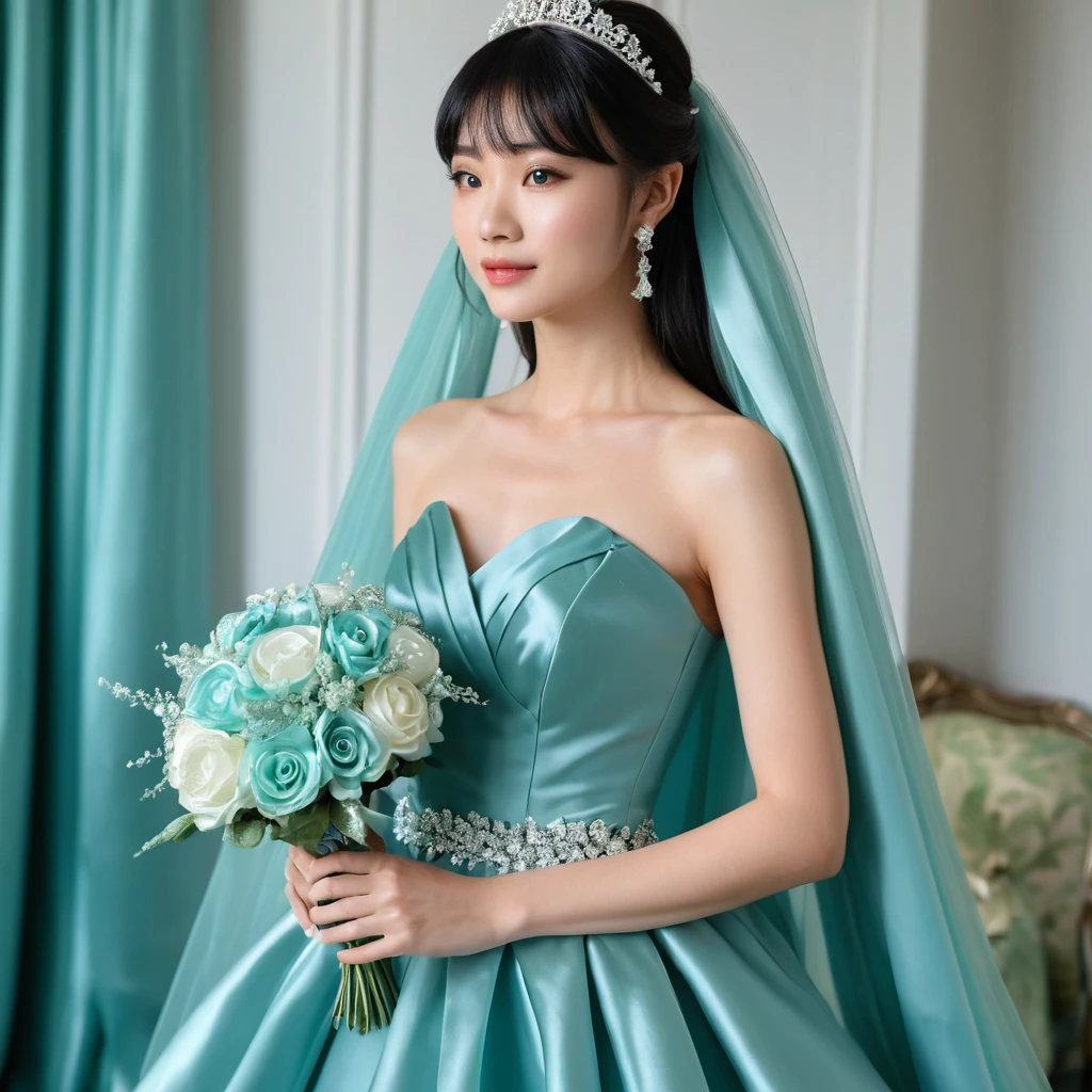 Elegant Japanese bride in turquoise satin wedding gown