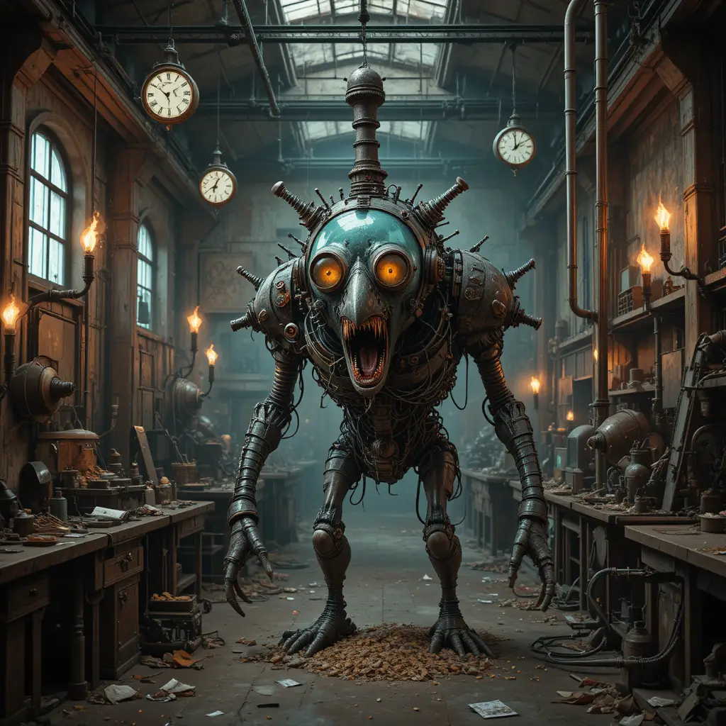 Creatura macchina del terrore surreale in un mattatoio abbandonato
