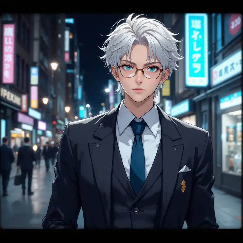 Anime boy walking through the city at night