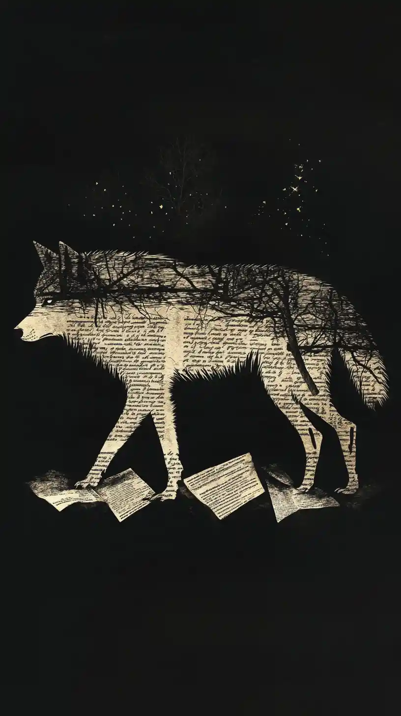Lone wolf walking through a surreal manuscript woven darkness
